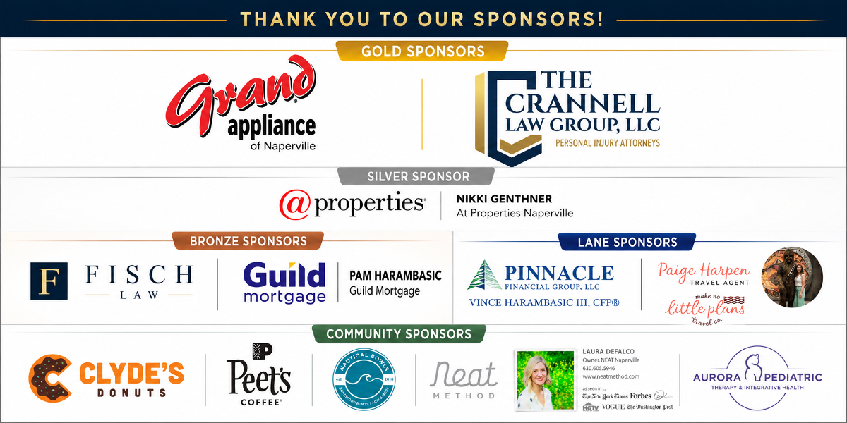 Thank you to our sponsors: Grand Appliance, The Crannell Law Group, @properties Nikki Genthner, Fisch Law, Guild Mortgage, Pinnacle Financial Group, Paige Harpen Travel, Clyde's Donuts, Peet's Coffee, Nautical Bowls, Neat Method, and Aurora Pediatric.
